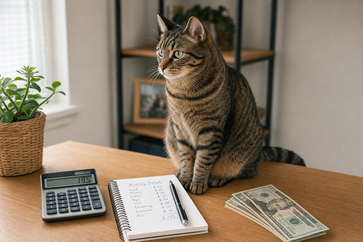 Realistic photo of a tabby cat on a desk next to a budget notebook and calculator